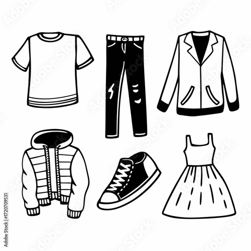A collection of hand drawn black and white illustrations featuring a t shirt ripped jeans a blazer a puffer jacket a sneaker and a dress perfect for fashion or style related concepts