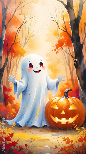 Happy Ghost and Glowing Pumpkin Fall Scene