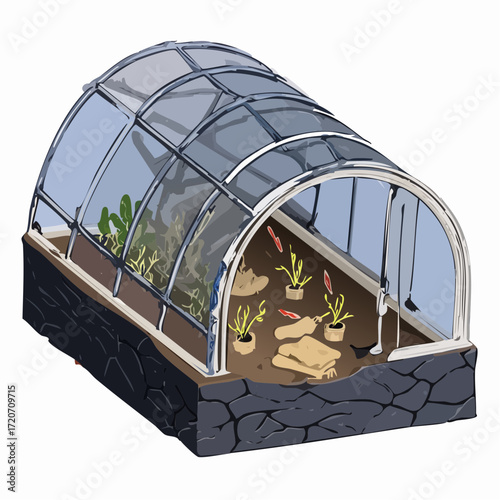 Detailed vector illustration of greenhouse with plants growing inside, modern agricultural d.svg, Firefly Detailed vector illustration of greenhouse with plants growing inside, modern agricultural