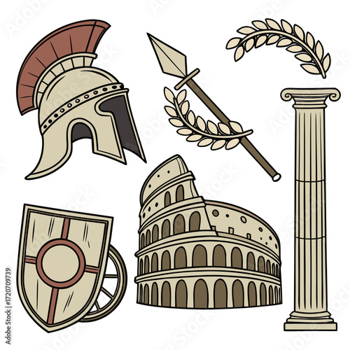 A collection of iconic roman symbols including a helmet shield spear with laurel wreath the colosseum and a corinthian column representing ancient roman history and culture