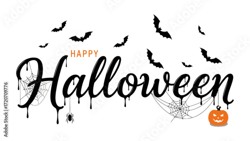 Spooky Halloween Graphic: An elegant Halloween-themed design featuring bats, spider webs, and a grinning jack-o'-lantern, all set against a backdrop of Happy Halloween text.