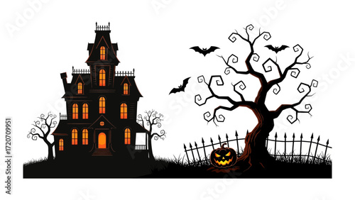 Spooky Halloween Illustration: An eerie illustration of a haunted house, dark silhouettes of bats, and a gnarled tree against a background of night. 