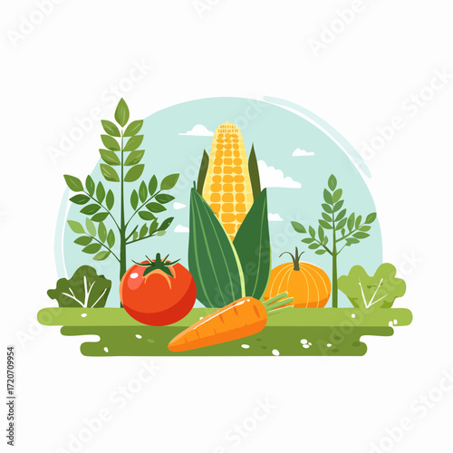 High quality flat vector illustration of organic vegetable farm with carrots, tomatoes