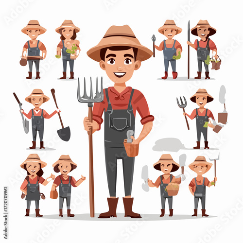 Vector set of farmer characters with tools, cartoon style, diverse poses, isolated on white