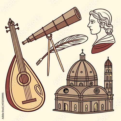 A collection of renaissance era symbols including a lute a telescope a quill pen with inkwell a classical bust and a famous italian cathedral dome and bell tower