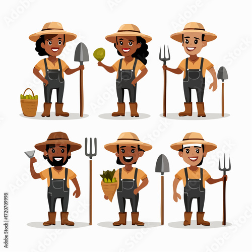 Vector set of farmer characters with tools, cartoon style, diverse poses, isolated on white