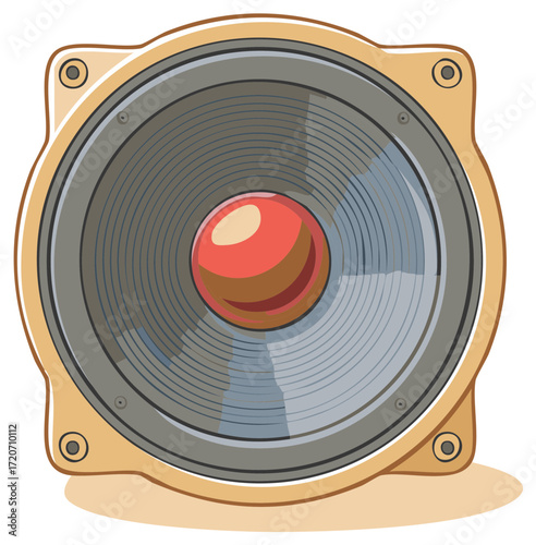 Audio Speaker Vector Graphic - Wood Finish, Gray Cone, Red Center, Loudspeaker