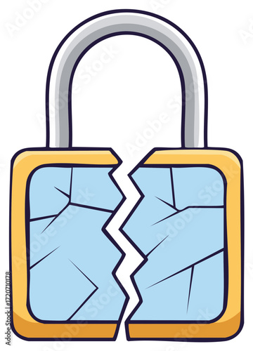 Stylized fractured padlock showcasing vulnerability and security breach concepts in digital illustration