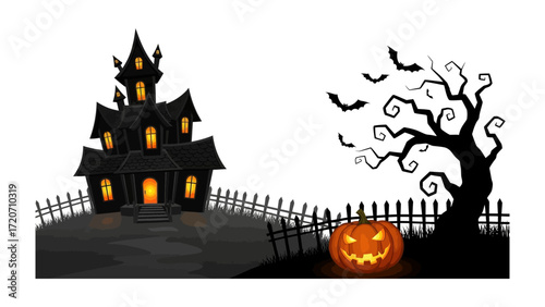 Spooky Halloween Scene: A spectral illustration of a haunted house with eerie pumpkins and a tree that adds a chilling atmosphere to Halloween celebrations.