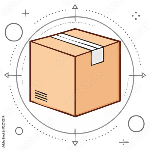 Cardboard box in conceptual abstract circular graphic with arrows and dots