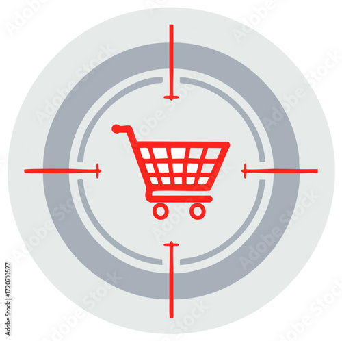 Red Shopping Cart in a Target Sight, Emphasizing Precision and Focus on Consumers and Retail Spending with Crosshair Element.