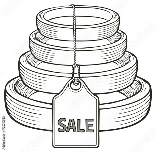 Stacked Pottery with Sale Tag Graphic Illustration Design for Retail Advertising and Marketing Campaigns