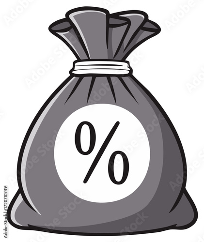 Bag of money with percentage sign illustration, representing discount, investment, and profit.
