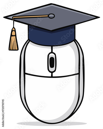Cartoon Computer Mouse Wearing Graduation Cap, Symbolizing Online Education or Digital Learning
