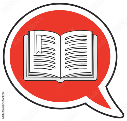 Opened book with bookmark in red speech bubble icon for knowledge communication or storytelling