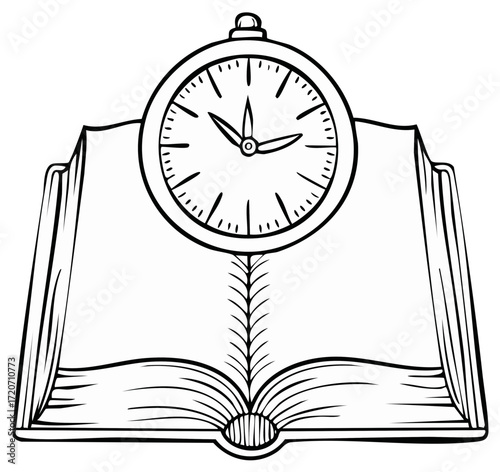 Classic open book with a vintage pocket watch outlining concepts of time and knowledge