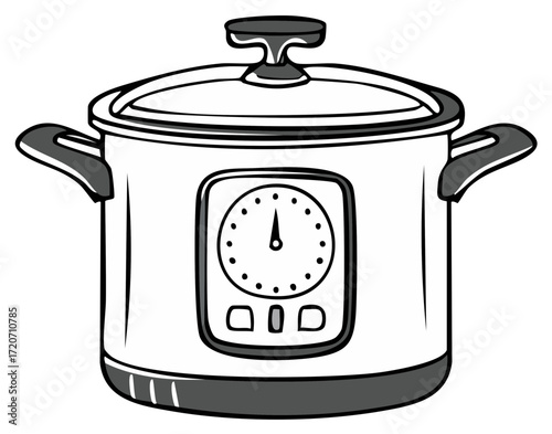 Stylized illustration of a modern electric cooking pot with a timer and control buttons