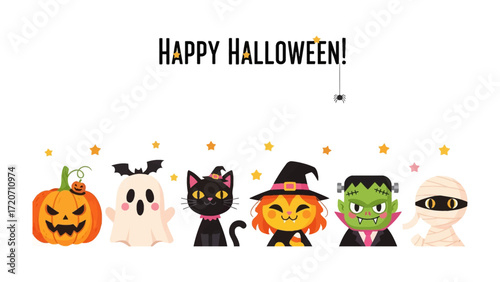 Happy Halloween: A spooky array of beloved Halloween characters smiles playfully.
