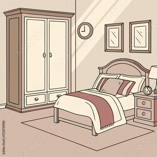 A cozy bedroom scene with a large wardrobe a comfortable bed with pillows and blankets a bedside table with a lamp and alarm clock and framed pictures on the wall
