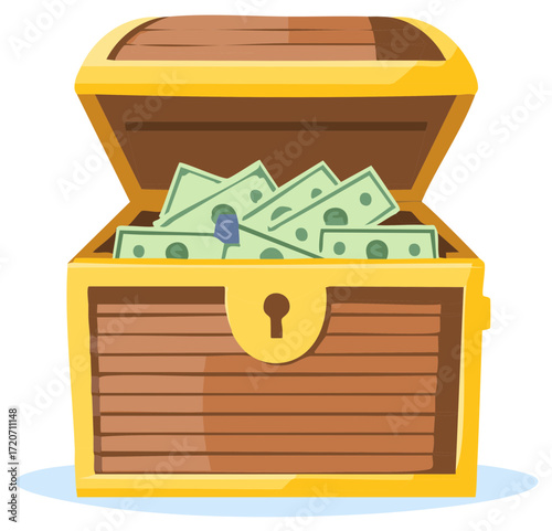 Open treasure chest full of money and cash illustration representing wealth and financial success