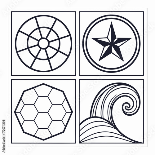 A grid of four distinct graphic design elements including a geometric wheel a star within a circle a hexagonal geodesic dome pattern and a stylized ocean wave in a minimalist line art style