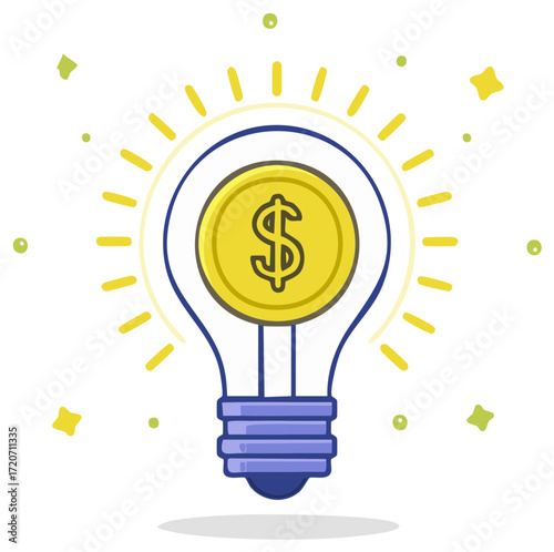 Bright light bulb with dollar coin illuminating new money making ideas