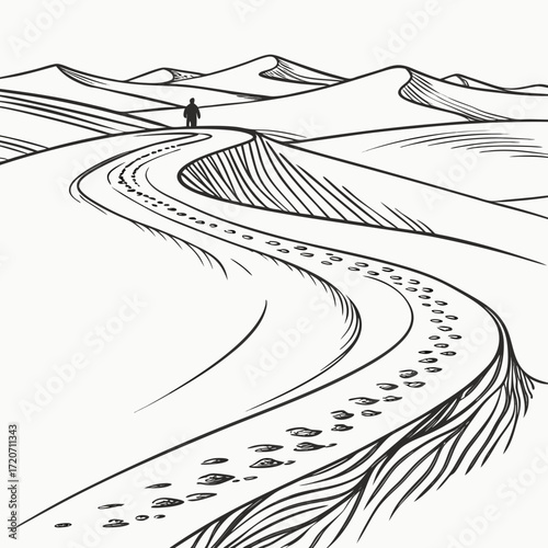 A lone figure stands silhouetted against a vast desert landscape of rolling sand dunes with a winding path marked by footprints leading towards the horizon
