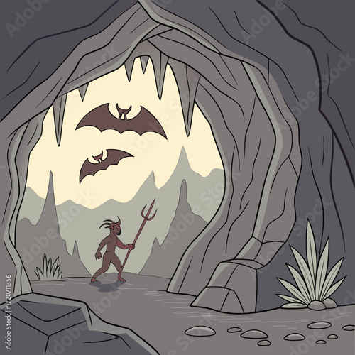 A menacing devil with a trident stands in a dark cave entrance surrounded by jagged rocks and stalactites while two bats fly overhead in the eerie twilight