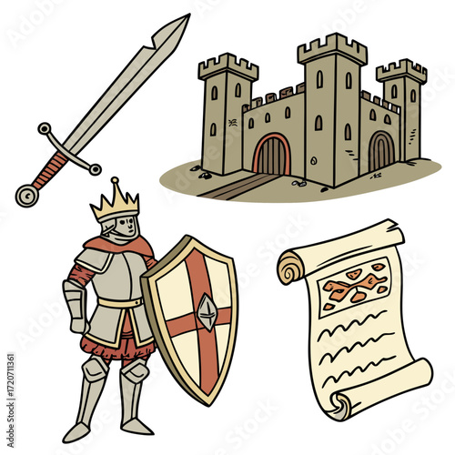 A medieval king stands guard with his shield and sword near a castle holding a royal decree or map representing a kingdom s power and authority