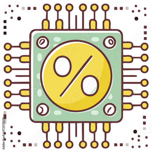 Cartoon computer chip with percent sign for fintech and online discounts
