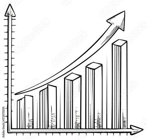 Hand drawn bar graph showing upward trend with arrow and scale