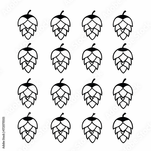 A repeating pattern of simple black line art hop cones on a white background perfect for brewing or botanical design elements