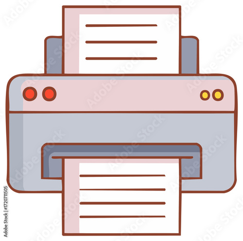 Illustration of a printer printing documents. Cartoon office equipment