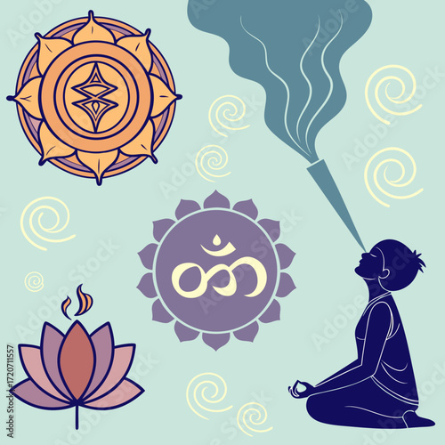 A serene illustration depicting a person meditating with the om symbol and lotus flower symbolizing spiritual awakening and inner peace