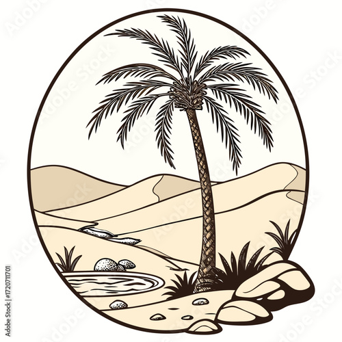 A solitary palm tree stands tall beside a small oasis with a winding stream and rocky terrain set against a backdrop of rolling sand dunes under a pale sky evoking a serene desert landscape
