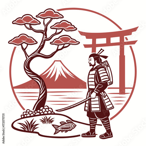 A stoic samurai warrior stands with his sword drawn in a traditional japanese landscape featuring a bonsai tree mount fuji a torii gate and a koi fish symbolizing strength honor and nature