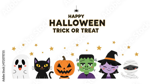 Spooktacular Halloween Gathering: A collection of charming, cartoon-like characters gathers in a festive scene, ready for a night of trick or treat.