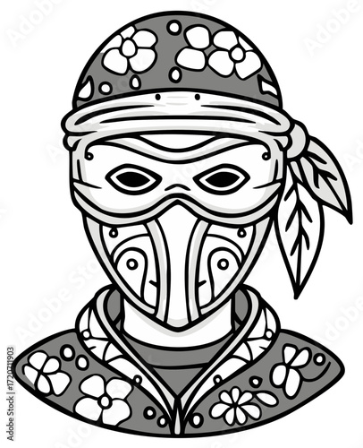 Stylized Flower Masked Warrior Head Vector Illustration Drawing
