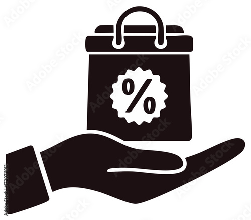 Hand holding shopping bag with percentage sign, representing a sale or discount offer, promotional icon