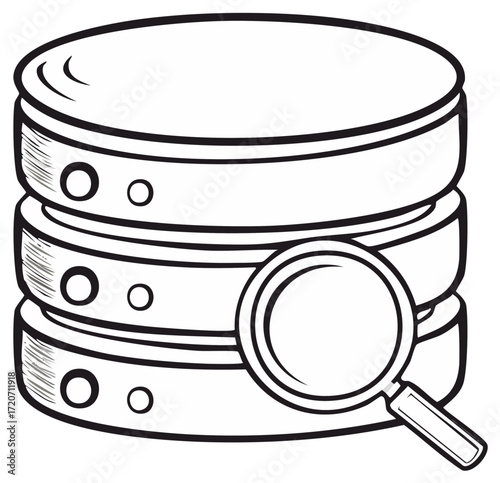 Data analysis concept illustration with a magnifying glass examining a data server