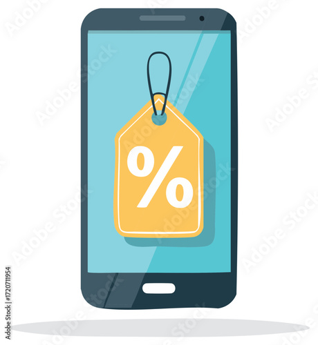 Mobile phone displaying a percentage discount tag on screen for online shopping deal promotion