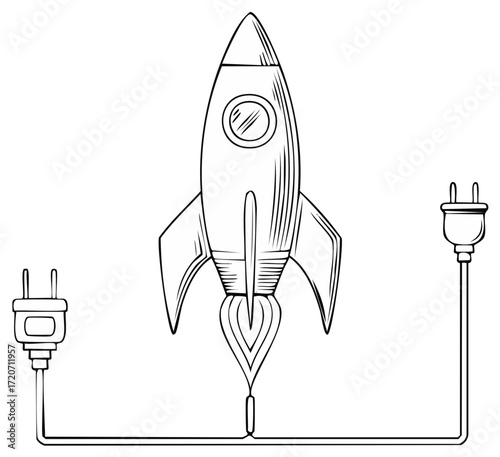 Hand-drawn rocket ship launching with power plugs, symbolizing energy innovation and technological advancement.