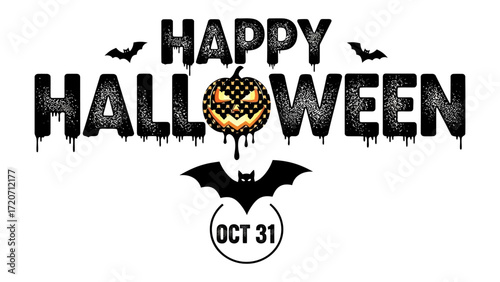 Happy Halloween Greeting: A digitally crafted, striking Halloween greeting, featuring a carved pumpkin, spooky bats, and an ominous Happy Halloween message. Perfect for festive displays, social media.