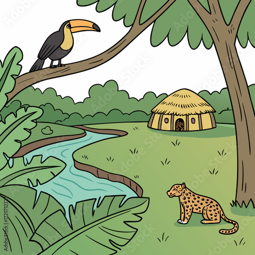 A vibrant cartoon illustration depicts a lush jungle scene with a winding river a traditional thatched hut a spotted leopard and a toucan perched on a tree branch