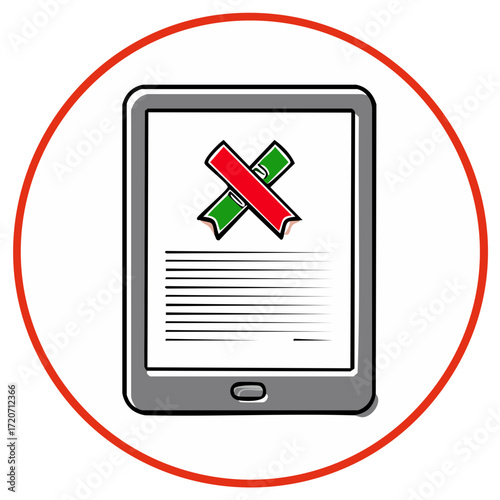 Tablet screen with a red and green X mark, documents and a red circle.
