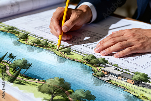 landscape designer reviewing blueprint with pencil, architectural and tree patterns visible, focused on creative planning and detailed design process.Generated by AI