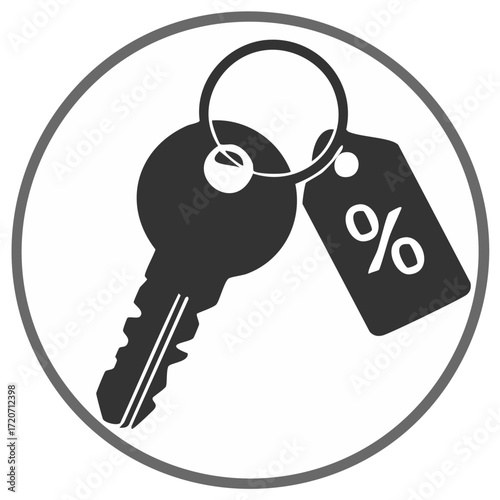Key With Discount Tag Illustration Inside Circle Frame, Icon of Real Estate Sale and Mortgage Rate