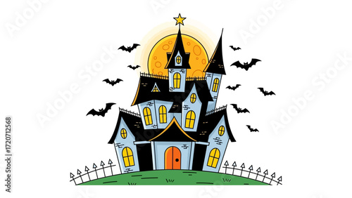 Haunted House in Halloween: An ominous mansion, the iconic symbol of Halloween. Its eerie silhouette, set against a spooky moon and accompanied by circling bats.