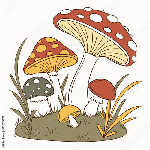 A whimsical illustration of a cluster of colorful mushrooms with red caps dotted with white and yellow spots growing amongst green grass and brown earth set against a plain background