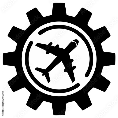 Aviation engineering concept icon with airplane inside cogwheel representing flight industry technology